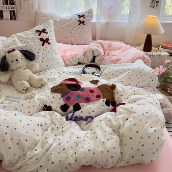 Ins Washed Cotton Four-piece Set Cute Pink Padded Embroidered Bedding Girls' Quilt Cover Bed Sheet Dormitory Three-piece Set