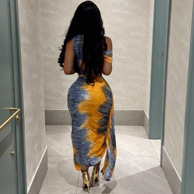 Sleeveless Asymmetrical Shoulder Dress Fashionable Print Mid Length Irregular Hem Autumn Wear Wholesale Available