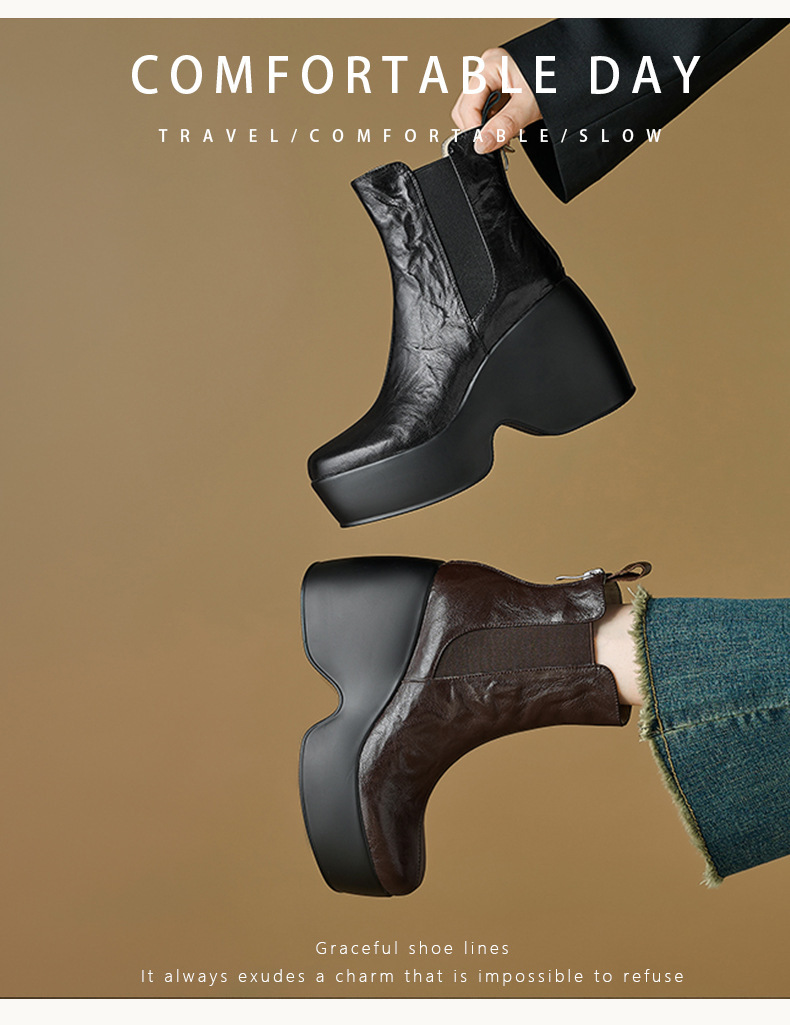 Boot nữ cổ ngắn đế dày gót xuồng mũi tròn da cừu phong cách cổ điển — màu đen, Màu nâu