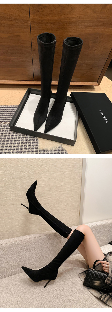Boot nữ cổ cao qua gối gót nhọn cao 9cm chất liệu da lộn co giãn — Lớp lót đơn kaki ống ngắn, Lớp lót đơn màu đen ống ngắn, Lớp lót nhung đen ngắn, Lớp lót nhung kaki ngắn