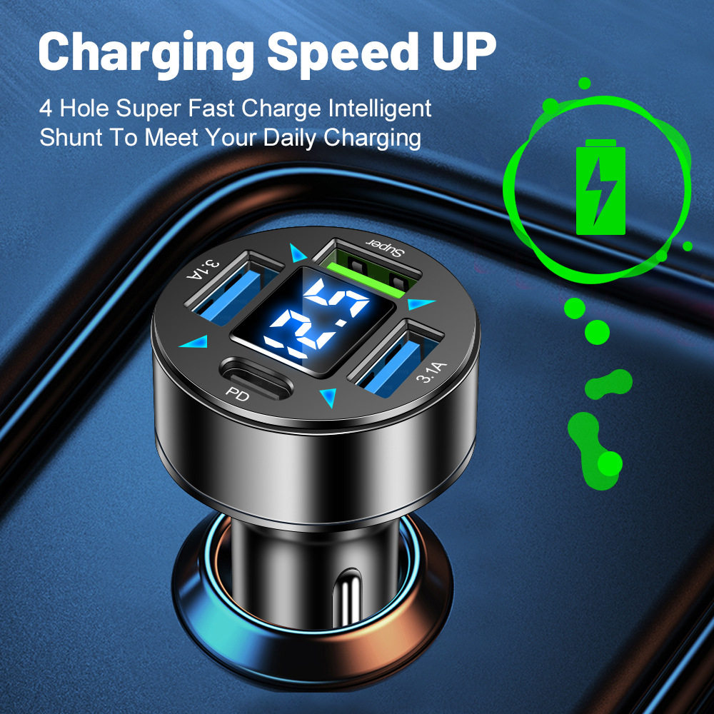 3USB + PD digital display car charger supports super fast charging car charger with one drag four QC3.0 car charger wholesale