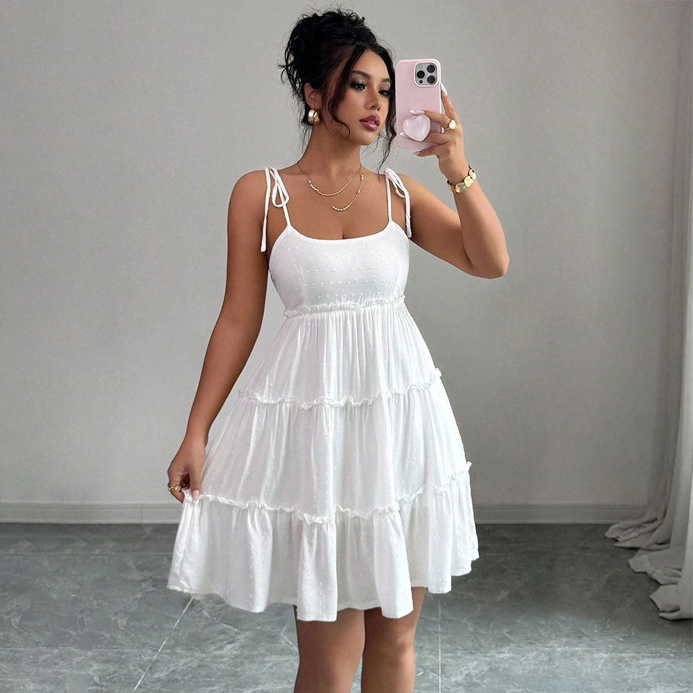 French Style Womens Summer Dress Elegant A Line Lace Up Sleeveless Cake Skirt Perfect for Casual Outings