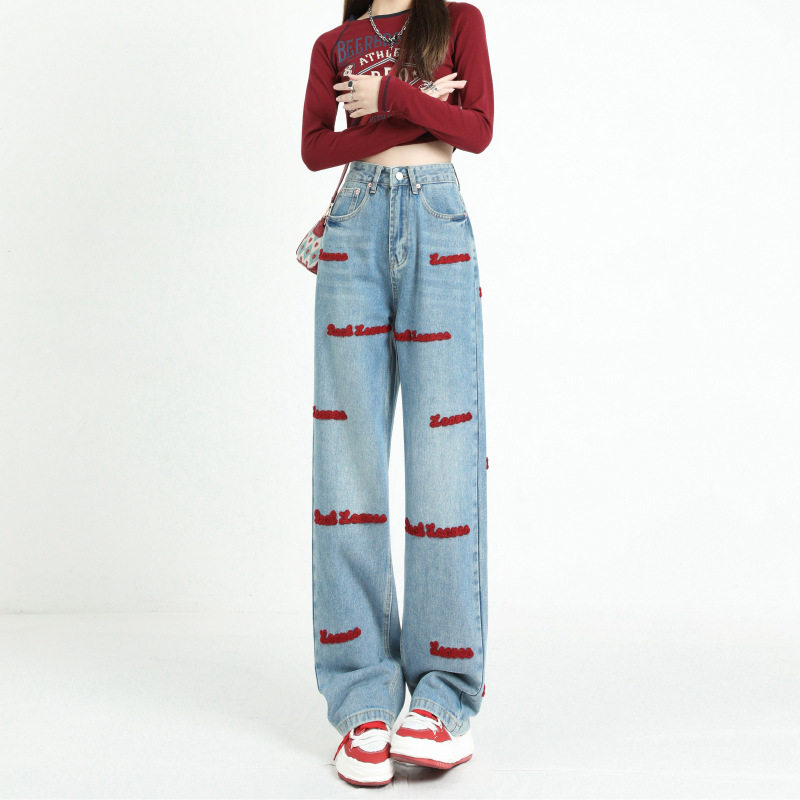 Womens Embroidered Straight Leg Denim Pants American Design Wide Leg Unique Style Spring Collection Wholesale