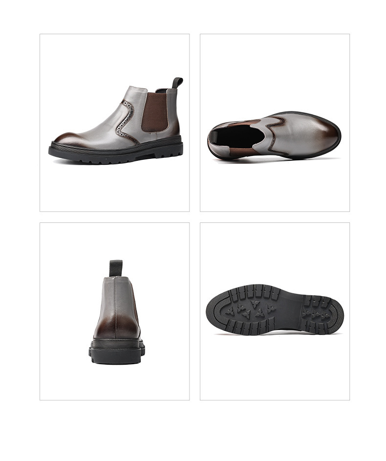 Boot Chelsea nam cổ trung da bò mềm lót nhung giữ ấm mũi tròn — Màu đen, Màu đen lót nhung, Màu xám nhạt