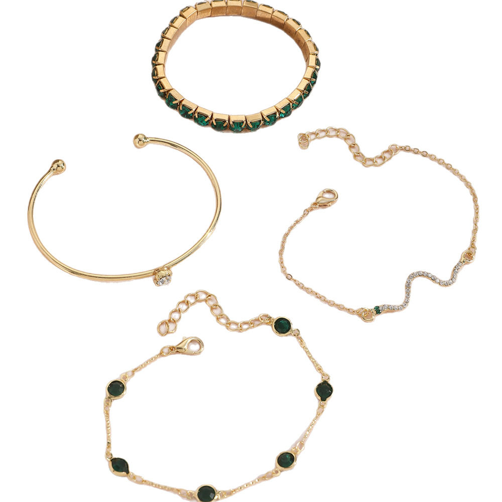Cross-Border European and American Fashion Green Emerald Diamond Elastic Bracelet Women's 4-Piece Set High-End Snake Bracelet Metal Bracelet