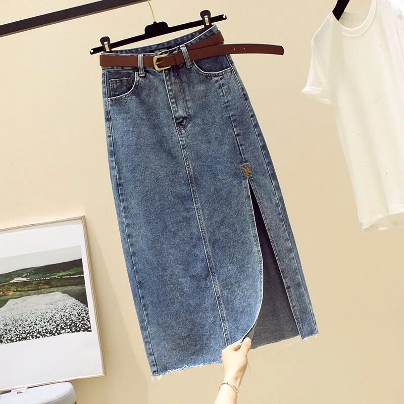 Plus Size High Waisted Denim Midi Skirt Slimming Fit Side Slit A Line Style Spring Summer Fashion Wholesale