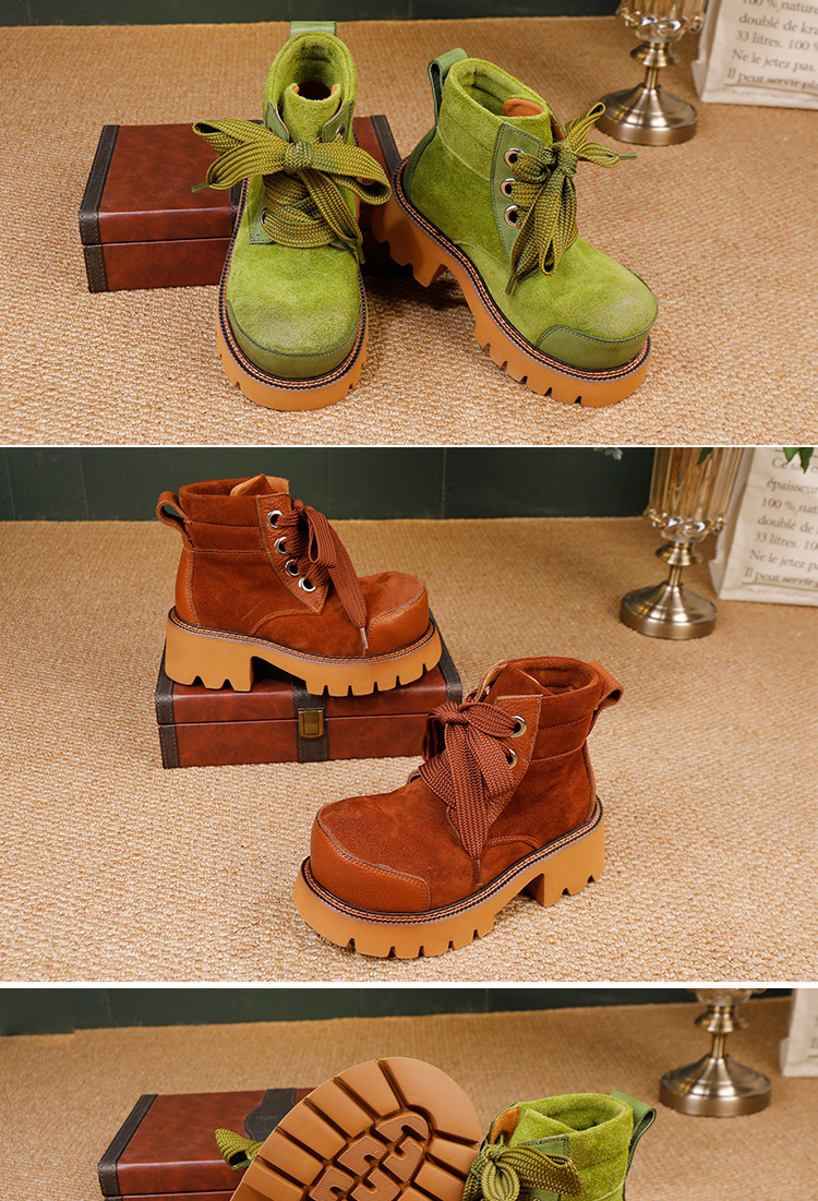 Boot Martin nữ da bò thật buộc dây mũi tròn gót vuông — màu xanh lá cây, nâu