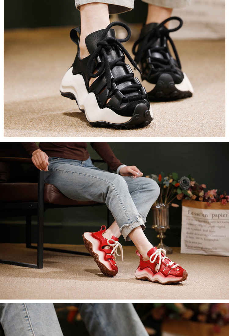 Sandal nữ đế dày mũi tròn thủng lỗ da bò thật — màu đen, màu đỏ