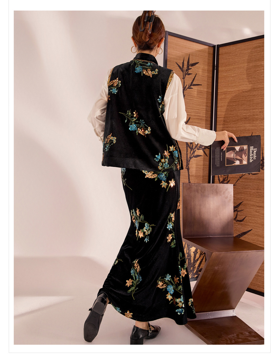 Bộ vest và chân váy dài dáng đuôi cá thêu hoa đính sequin sang trọng — Váy thêu (giao hàng trong 7 ngày), Váy thêu (giao hàng trong ngày), Áo vest thêu (giao hàng trong 7 ngày), Áo vest thêu (giao hàng trong ngày)