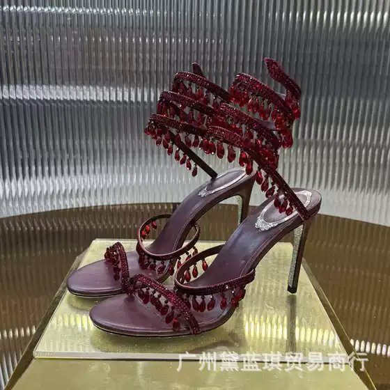 RC Silk Rhinestone Crystal Pendant Snake Wrap Bohemian Fairy High Heel Sandals Wedding Shoes Banquet Etiquette