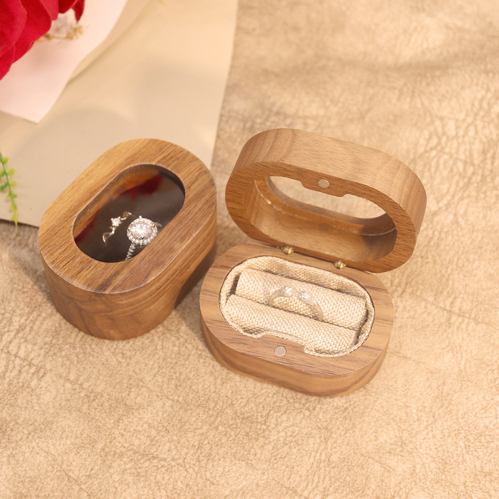 Solid Wood Walnut Earrings Jewelry Ring Jewelry Storage Box Oval Window Acrylic Proposal Box