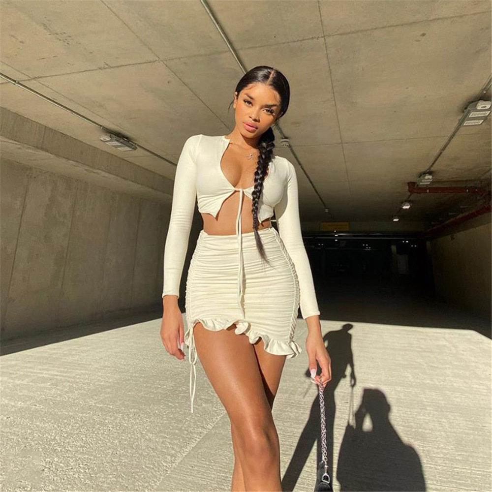 Spring Autumn Womens Casual Set Long Sleeve Cardigan with Tie High Waist Bodycon Skirt Chic Style for Everyday Wear