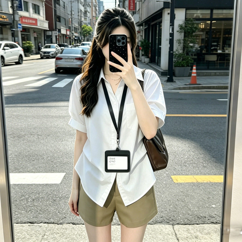 เสื้อเชิ้ตที่สามารถปรับแต่งทรงได้หลากหลาย เสื้อเชิ้ตแขนสั้นคอปกสไตล์เกาหลี ตัวหลวมใส่แล้วดูผอมเพรียว เหมาะกับทั้งงานและใส่ลำลอง