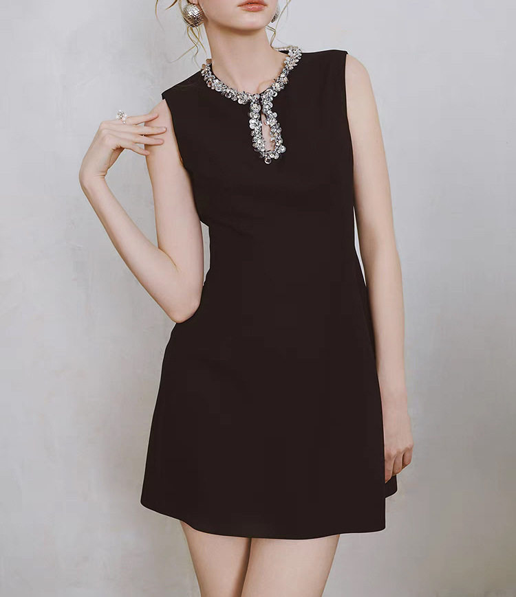 Đầm suông nữ mini tay không cổ tròn chất polyester mềm mại — Xanh chi tiết 3