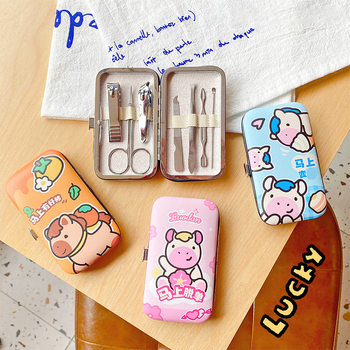 New Cartoon Nail Clipper Seven-Piece Manicure and Manicure Tool Set Student Girl Heart Pu Metal Manicure Set