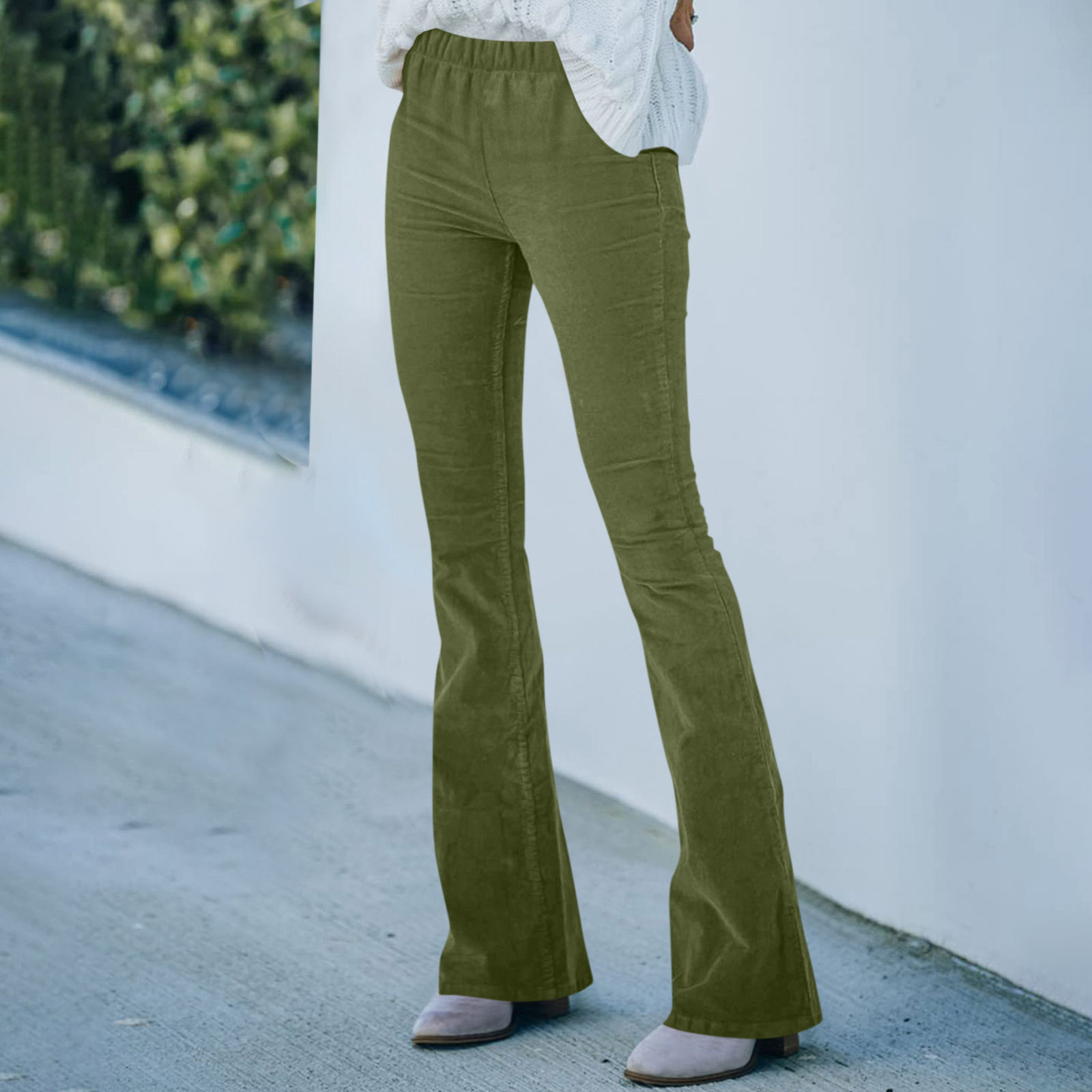 High Waisted Corduroy Slim Fit Flare Pants Solid Color Elastic Waist Casual Style Spring Summer Collection