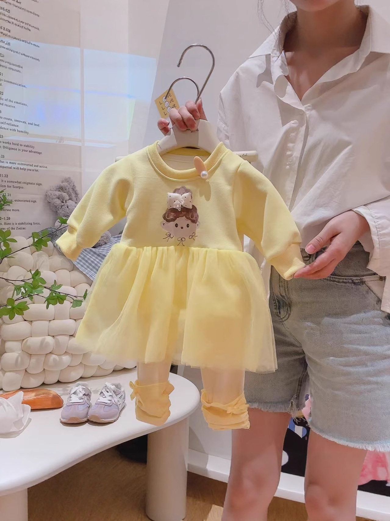 Girls' Cartoon Set, New Autumn Baby Mesh Patchwork Hoodie & Stacked Leggings Two-Piece Outfit