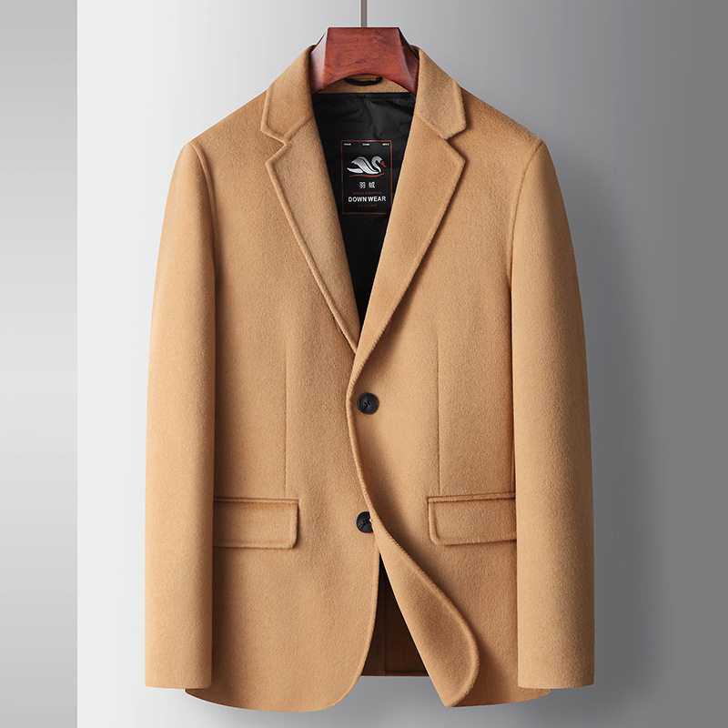 Áo Blazer Nam Len Lông Cừu Áo Vest Công Sở Thu Đông Lót Lông Vũ Màu Be