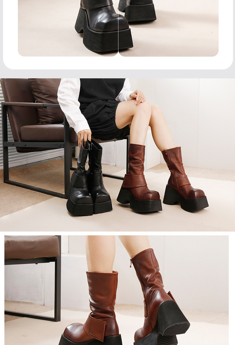 Boot nữ cổ trung da bò thật thủ công gót nêm đế dày mềm nhẹ — màu đen, nâu sẫm