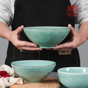 Longquan celadon household rice bowl Chinese xiangyun large and small noodle soup bowl ceramic bowl single eating bowl Bucket Bowl