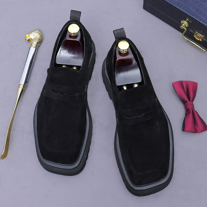 Giày loafer nam da bò lộn đế dày mũi vuông phong cách công sở — đen, màu nâu mocha
