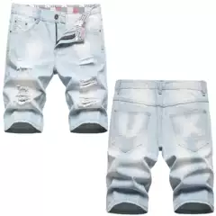 Summer Thin Denim Shorts Men Ripped Mid-Length Pants Korean Style Trendy Loose Straight Print Men's Five-Point Shorts Fashion Pants
