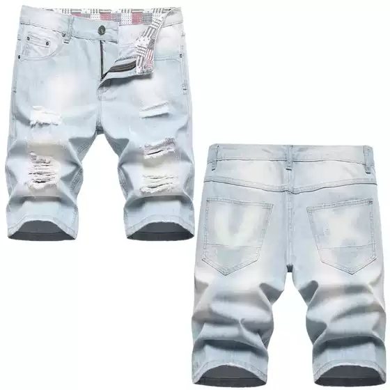 Summer Thin Denim Shorts Men Ripped Mid-Length Pants Korean Style Trendy Loose Straight Print Men's Five-Point Shorts Fashion Pants
