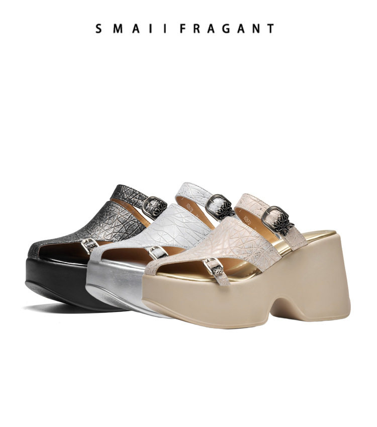 Sandal cao gót nữ hở mũi đế xuồng 10 cm da bò thật phong cách La Mã — [Đen], [Bạc], [Vàng nhạt] chi tiết 8