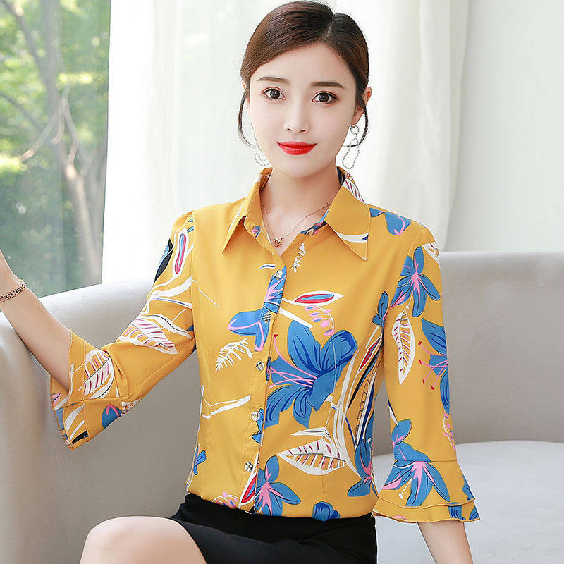 2021秋季新款黄色印花长袖七分袖喇叭袖百搭雪纺衬衫女上衣女方领