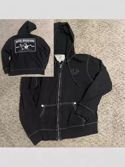 Cross-border 2025 zipper sweater ruffian handsome net red hooded cardigan letters TRUE RELIGION new top