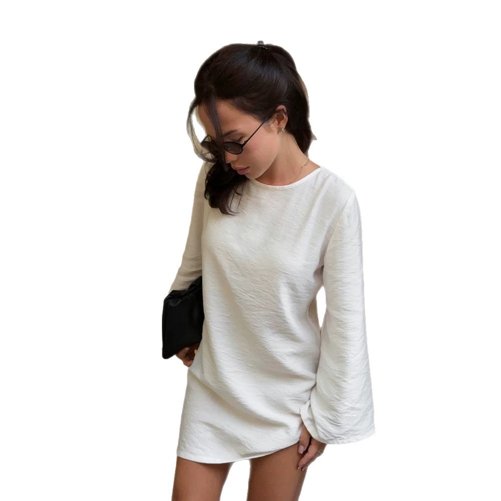 Womens Casual Loose Fit Long Sleeve Dress Simple Solid Color Fashionable Versatile Autumn Wear Wholesale Available