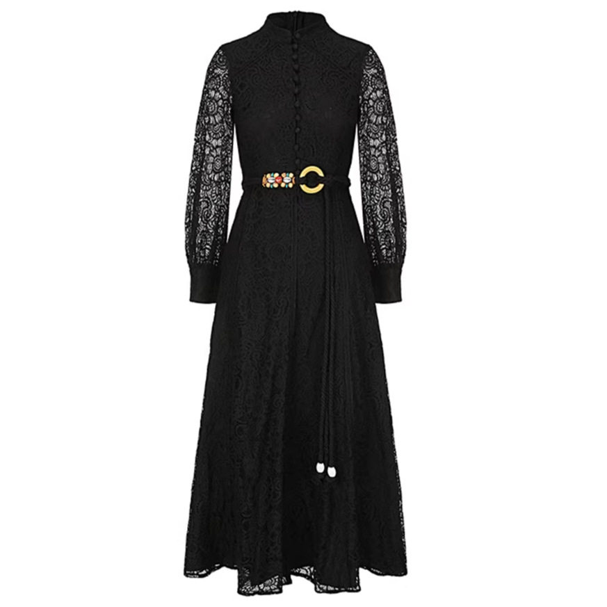 French Vintage Elegant Lace Collar Dress Spring and Autumn Style Waist Tie Design with Flared Skirt Wholesale Available