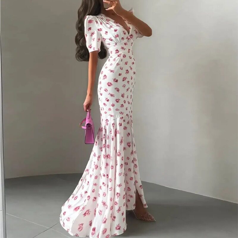Womens Summer Dress Elegant Floral Print V Neck Fitted Mermaid Hem Perfect for Parties or Events Wholesale