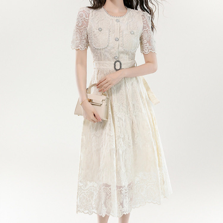 Elegant French Style Lace Embroidered Short Dress Waist Cinching Design Fashionable Silhouette Ideal for Parties