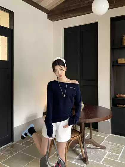 Nanyou Gaoding Women's Wear M Family Shoulder Long Sleeve Knitted Shirt 25 Spring and Summer Pure Desire Wind Slimming Knitted Spice Girl Top