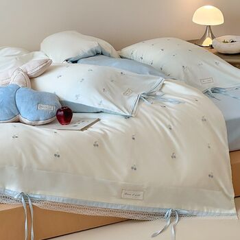 Pure Cotton Girly High-Count Australian Cotton Four-Piece Set Cherry Embroidered Pure Cotton Quilt Cover Bed Sheetss Fresh Bedding Blue