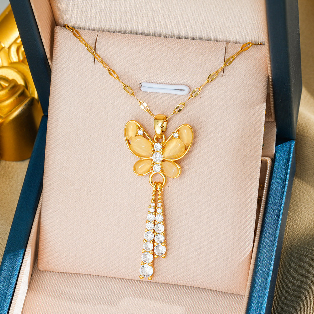 296 キャッツアイ バタフライ ネックレス - ゴールド