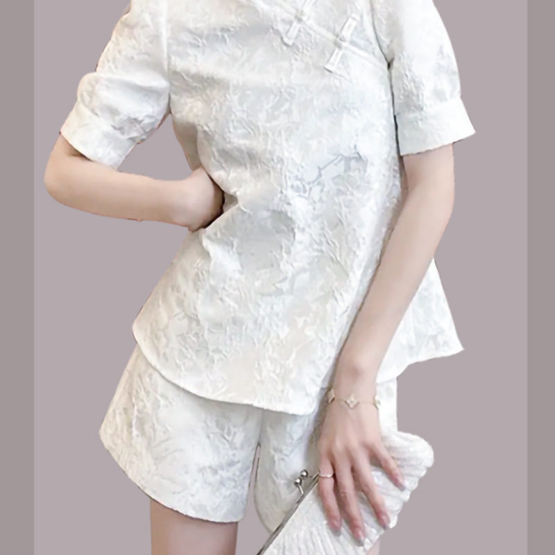 Bộ mặc nhà nữ cotton tay ngắn họa tiết trơn — Trắng