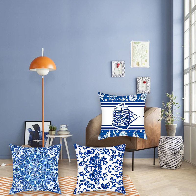 Cross-Border Amazon Modern Blue and White Porcelain Series Sofa Cushion Pillowcase Headboard Bedroom Backrest Pillow Soft Decoration
