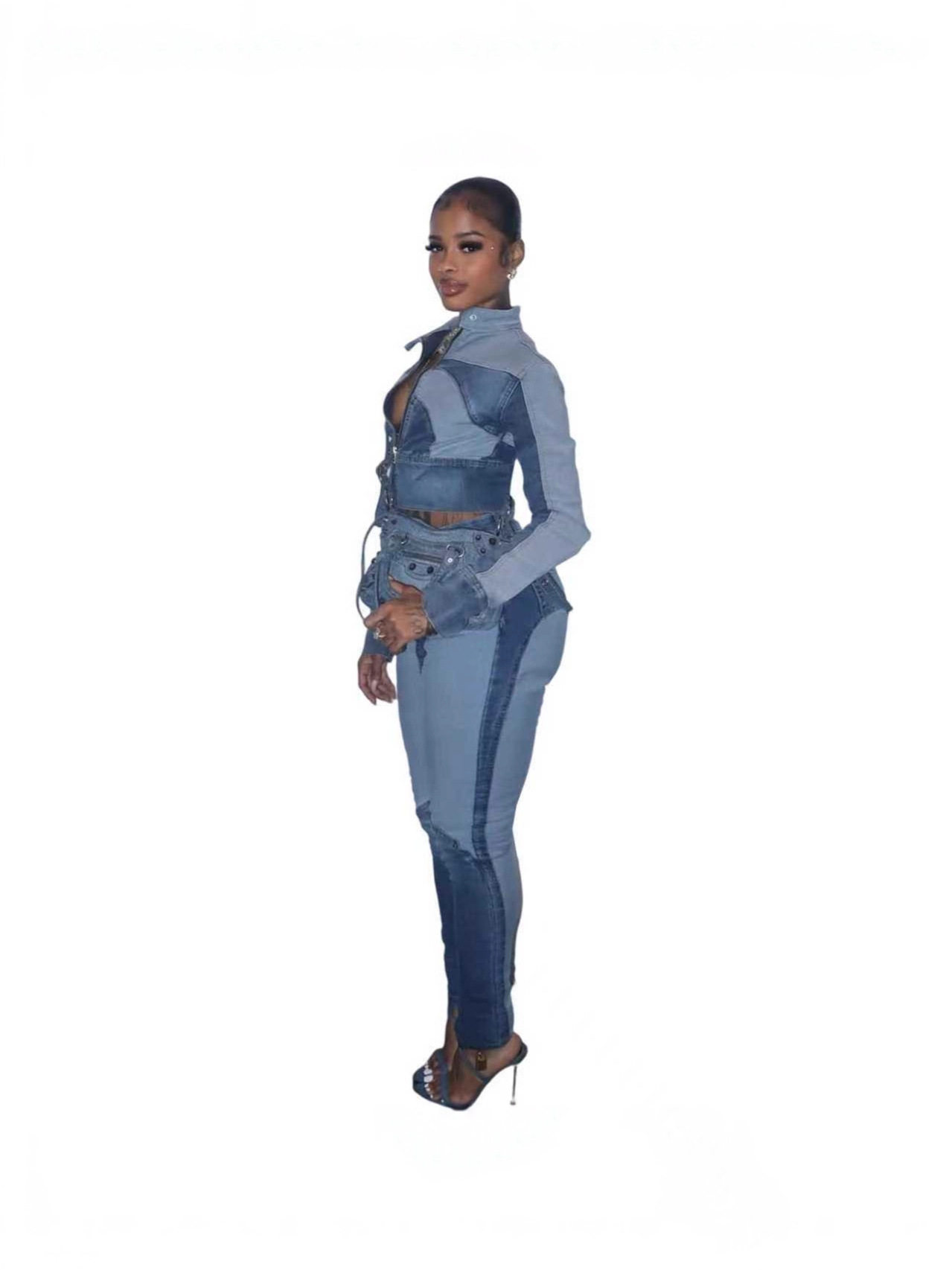 Ny8196 Amazon European and American Fashion Sexy High-Elastic Stitching Contrasting Washed Denim Casual Suit Two-Piece Set