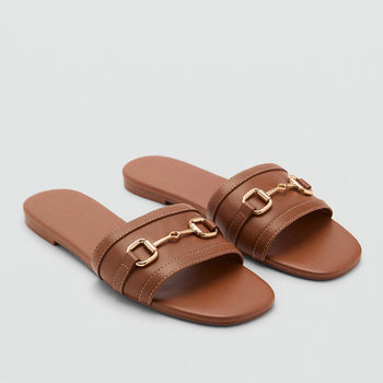 Slippers for Women Summer Outer Wear 2025 New Flats Casual Sandals Metal Horsebit Beach Shoes One-Line Sandals for Women