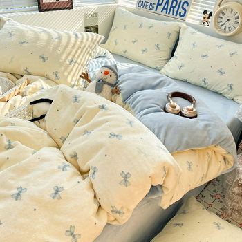 Winter Thickeneded Milk Velvet Four-Piece Set Ins Small Fresh Warm Baby Velvet Bed Bed Sheets Quilt Cover Three-Piece Set Category a Bedding