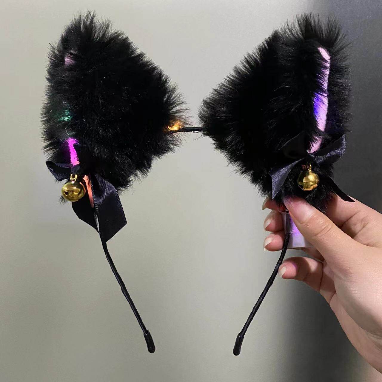 跨境热卖14灯毛毛兔耳朵发光发箍地推金丝羽毛猫耳朵发光头箍玩具