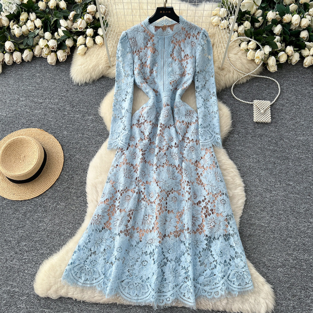 French Style Elegant Lace Dress High End Crochet Design Slim Fit Autumn Fashion Perfect for Formal Occasions