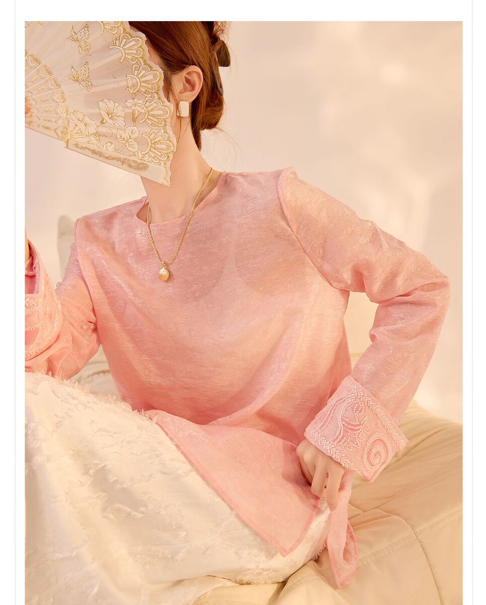 Áo sơ mi nữ dài tay thêu đính hạt cổ tròn phong cách thanh lịch — Bột Rouxia (phát hành trong cùng ngày), Bột Rouxia (tóc 7 ngày), Gạo Ánh Trăng (Giao hàng trong 7 ngày), Gạo Ánh Trăng (về tay bạn ngay trong ngày)