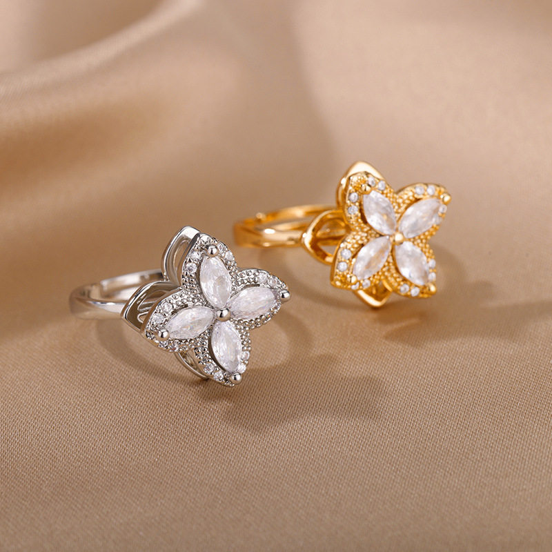 跨境新款可转动旋转锆石花朵开口戒指女设计感小众解压戒指批发