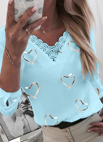 Heart Print V Neck Long Sleeve T Shirt for Women Summer Collection Casual Wear Ready to Ship Wholesale Available