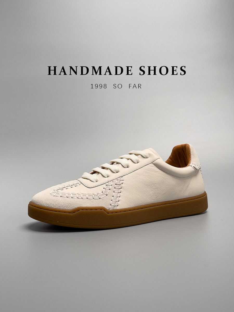 Giày sneaker nam da bò thật cao cấp đế thấp kiểu bóng chày — Màu Be [tỷ lệ chất lượng trên 1000]