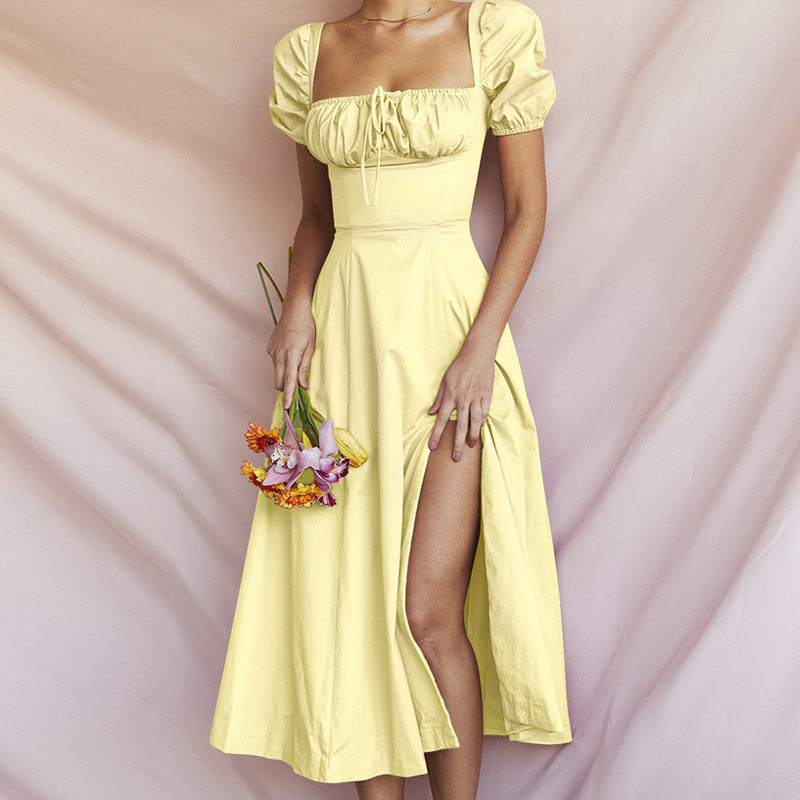 High Waist Solid Color Dress Puff Sleeve Split Hem Vacation Style Spring Collection Wholesale Available