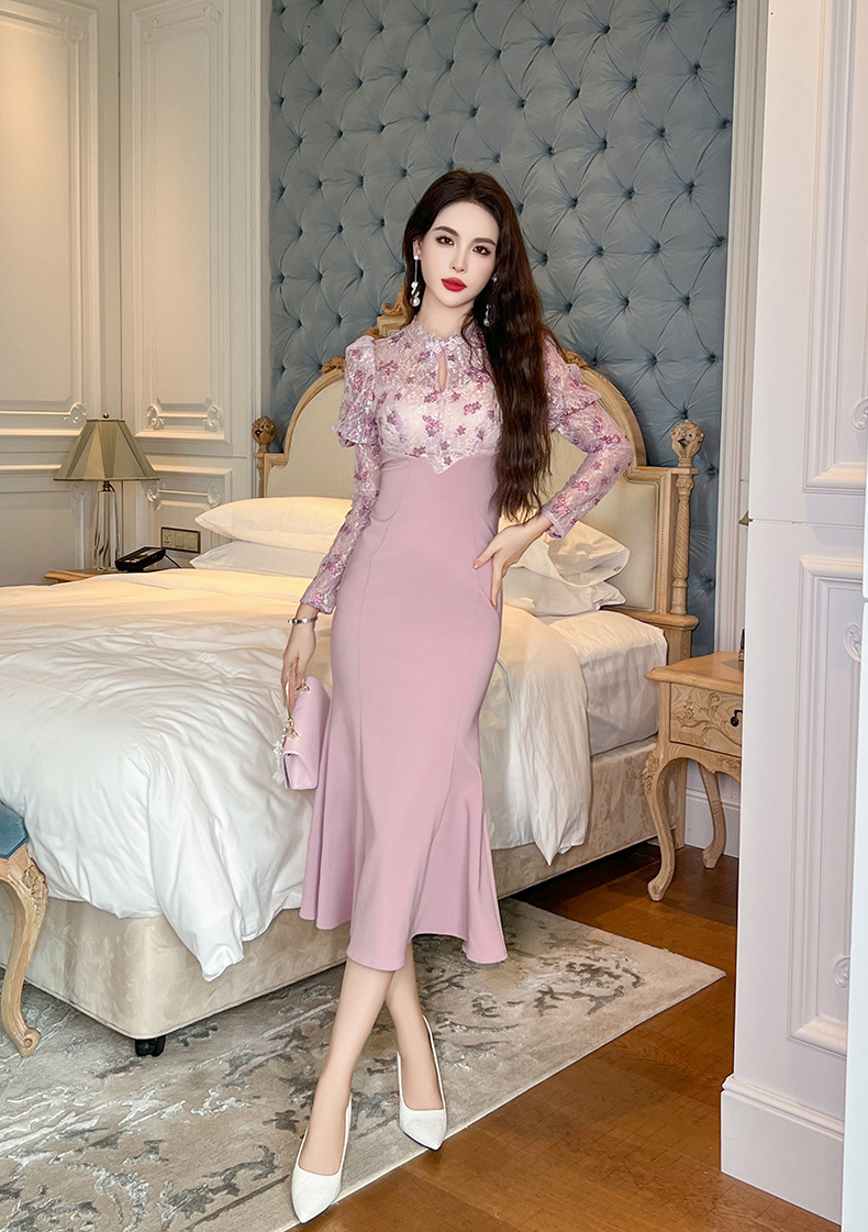 Đầm dài ôm body phối ren đuôi cá cổ đứng tay phồng — Màu tím hồng